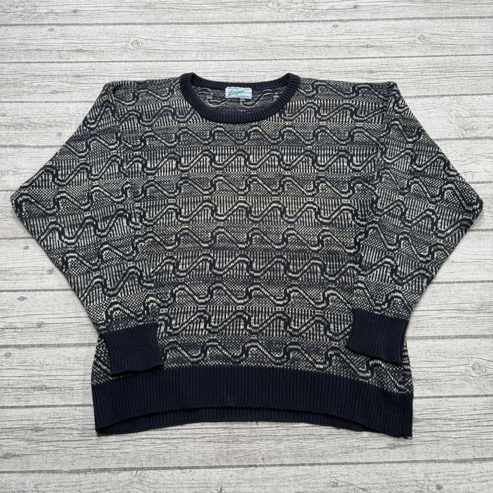Vintage Sansabelt Sweater Men's Large Black Geometric Knit Crewneck Coogi Style